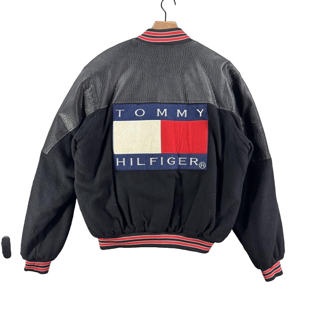 Vintage Tommy Hilfiger‎ Jacket Mens Large Black Wool Leather Varsity Bomber 90s